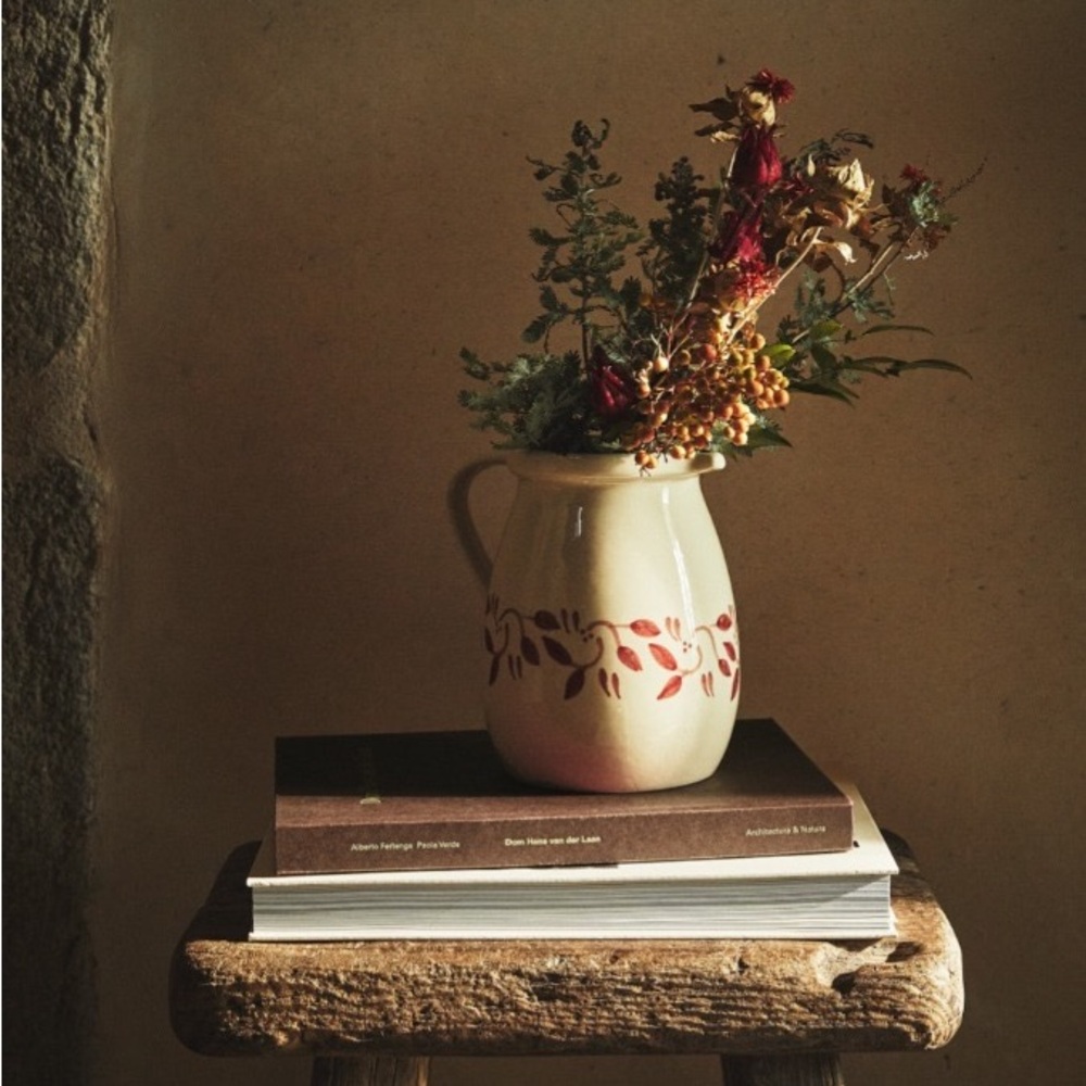 ZARA HOME Cream and Red Stoneware Kitchen Pitcher